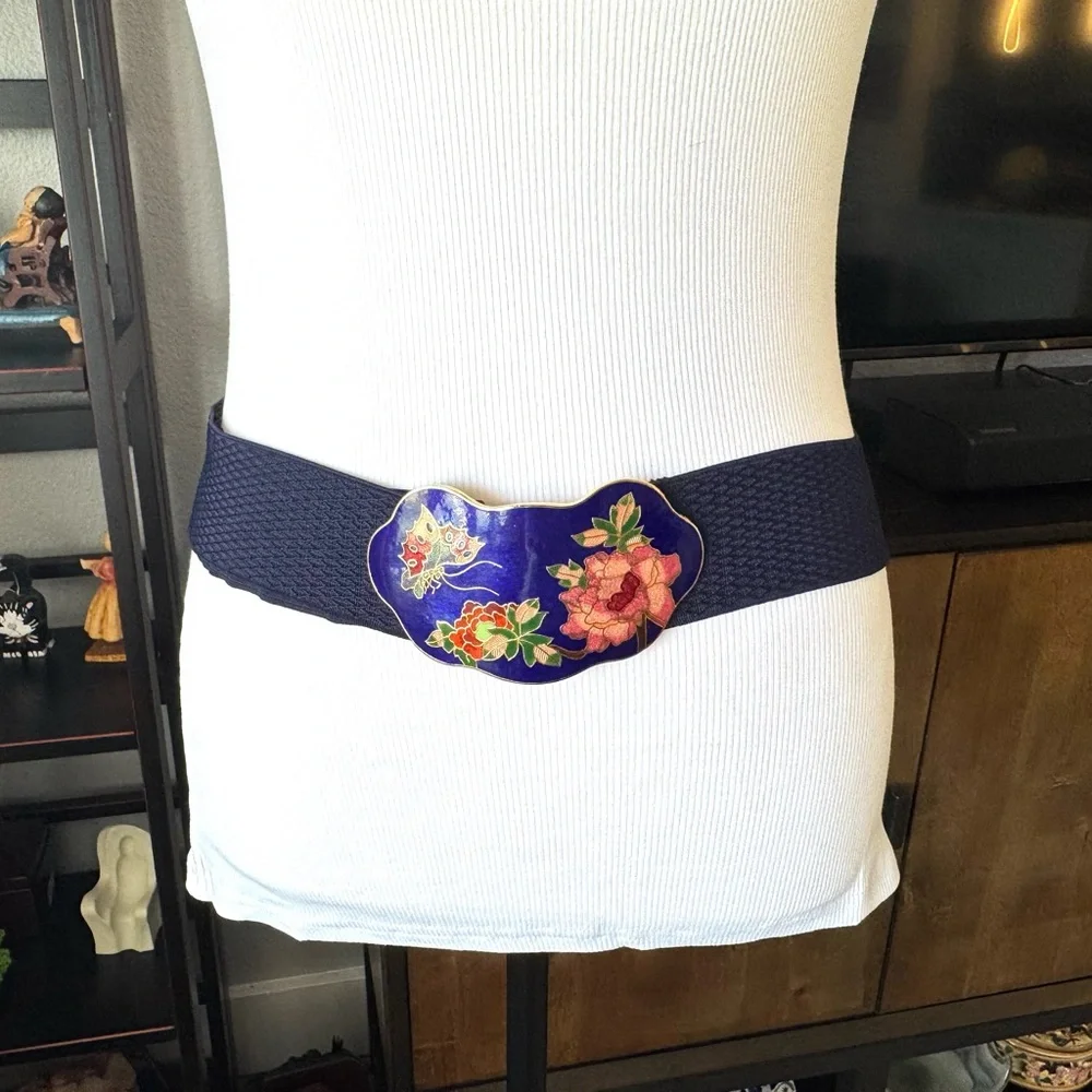 Vintage Cloisonné Floral Blue Stretchy Belt